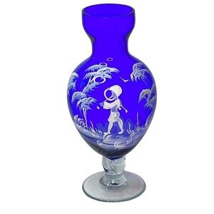 Vintage Mary Gregory Colbalt Blue Hand Painted Small Footed Vase Collectible